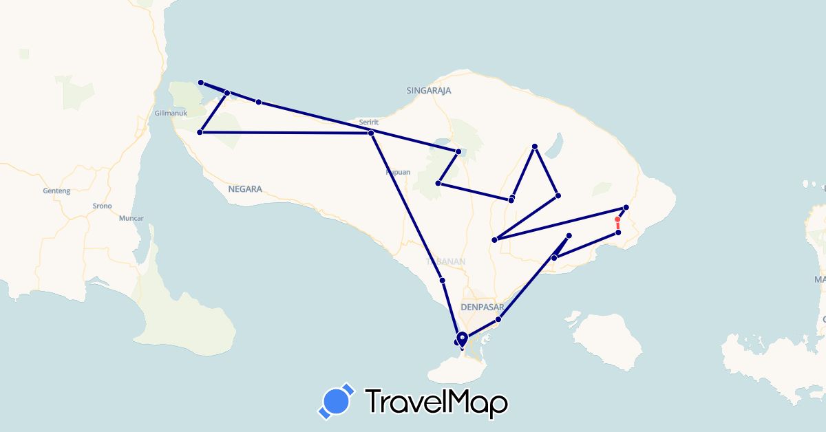 TravelMap itinerary: driving, plane, hiking in Indonesia (Asia)